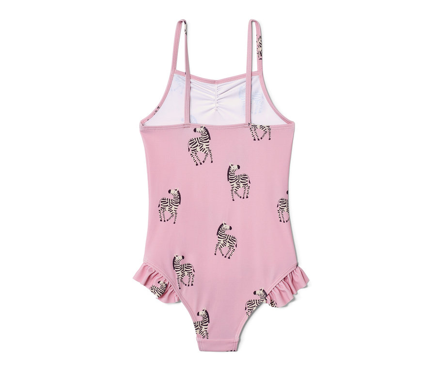 Maillot de bain à ruché rose avec imprimé zèbre.