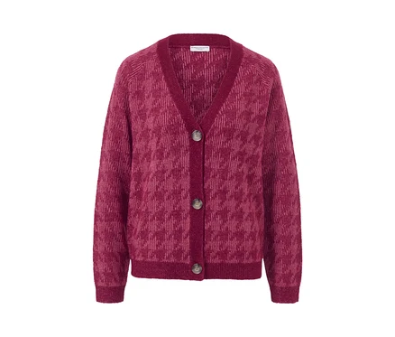 Cardigan bordeaux en grosse maille à jacquard pied-de-poule avec boutons.