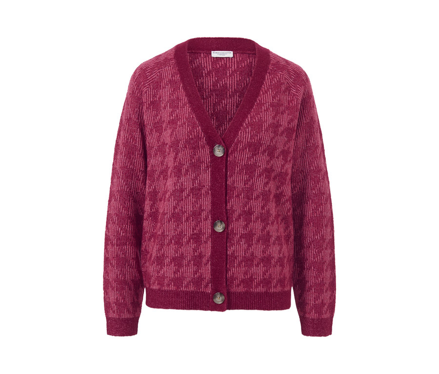 Cardigan bordeaux en grosse maille à jacquard pied-de-poule avec boutons.