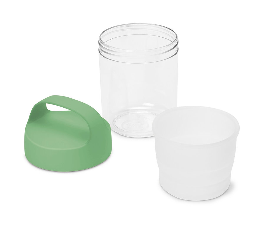 Un récipient pour produits à emporter avec poignée, petit, démonté, avec couvercle, récipient transparent et insert blanc.