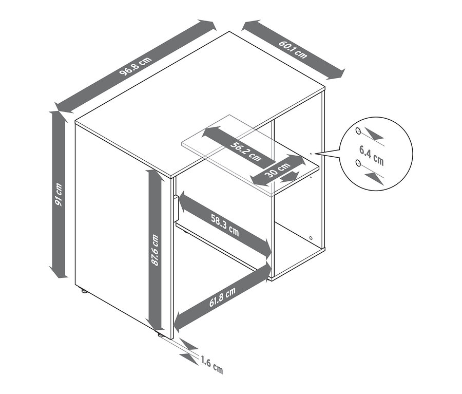 Schéma des dimensions pour étagère de machine à laver avec espace de rangement latéral.