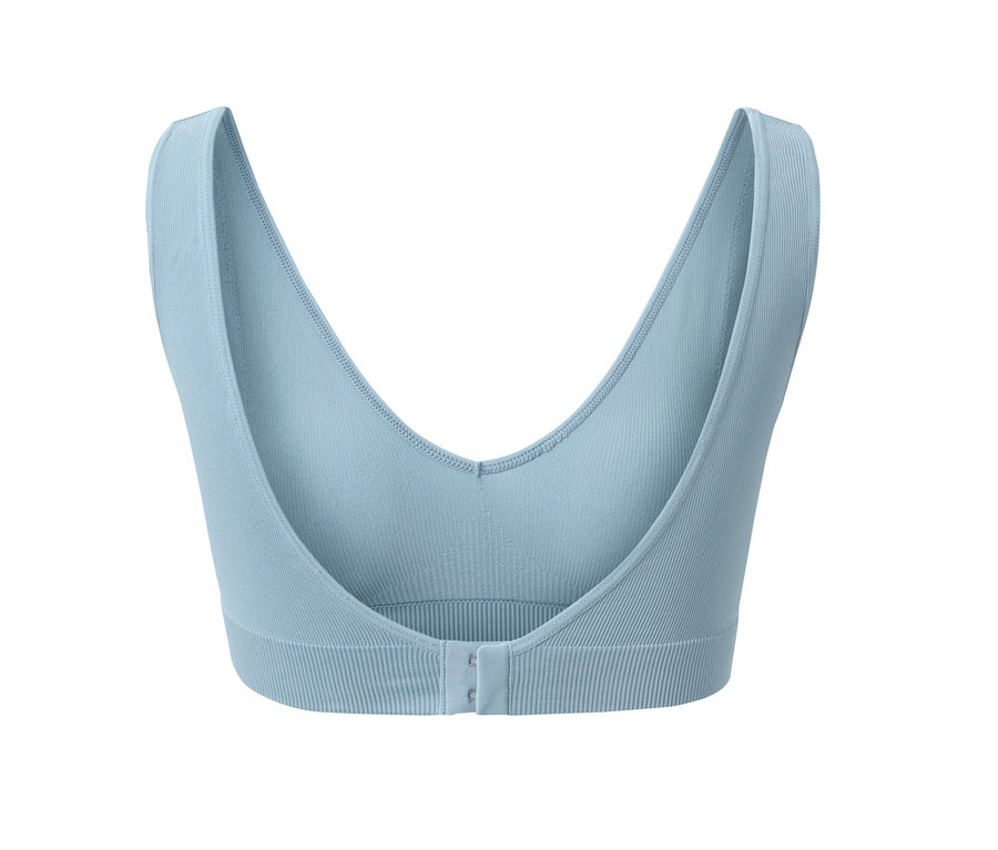 Vue détaillée d'un soutien-gorge sans coutures bleu clair.