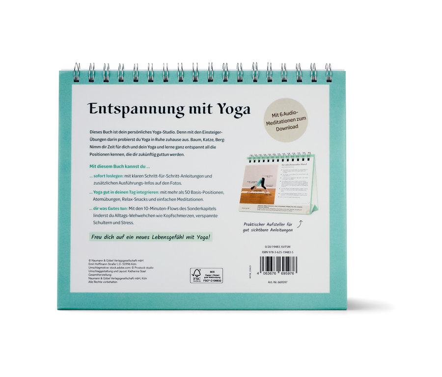 Le livre « Yoga für Einsteiger » (Le yoga pour les débutants, en allemand) est ouvert sur une table.
