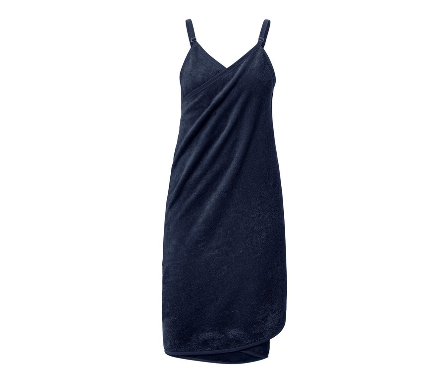Robe-linge de toilette bleu foncé avec encolure croisée et bretelles.