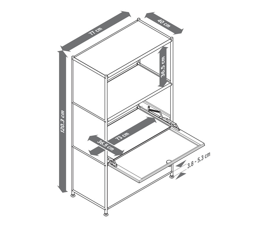 Schéma d'une commode métallique « CN3 » à deux abattants avec les dimensions.