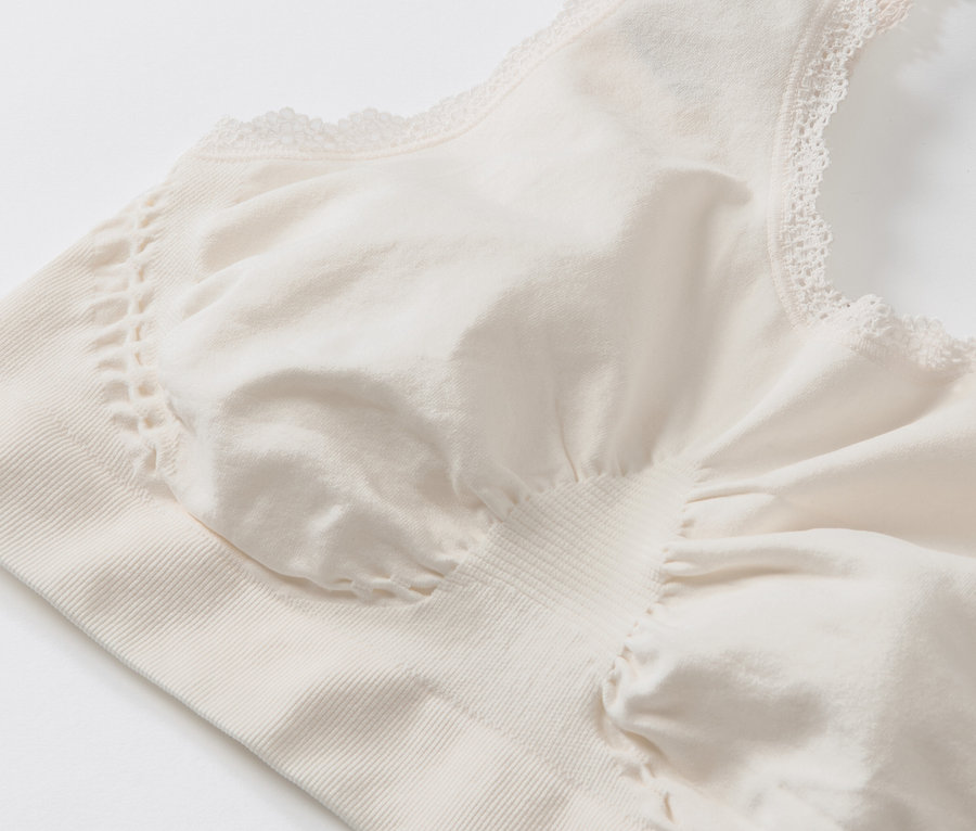 Gros plan sur une brassière seamless crème avec détails en dentelle.