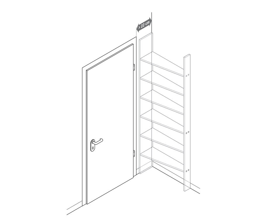 Schéma d'une étagère de porte à six niveaux à côté d'une porte fermée.