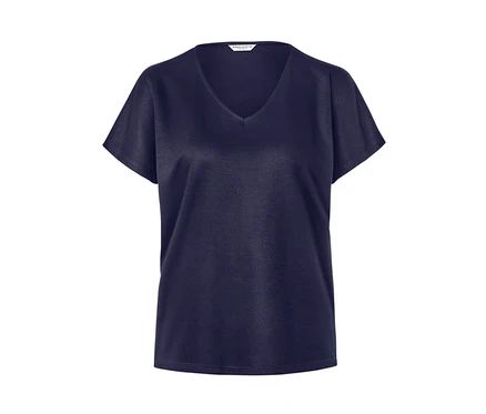 Blouse structurée bleu foncé à manches courtes et col en V.
