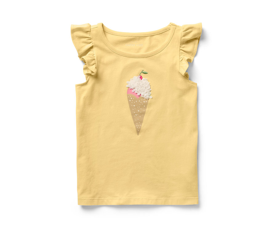 Chemise jaune pour enfant avec manches à volants et motif de crème glacée.