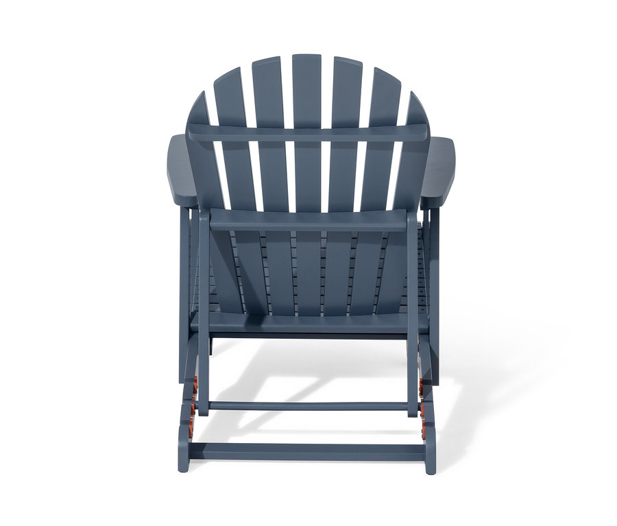 Vue arrière d'un fauteuil de relaxation Adirondack simple bleu avec repose-pieds extensible.