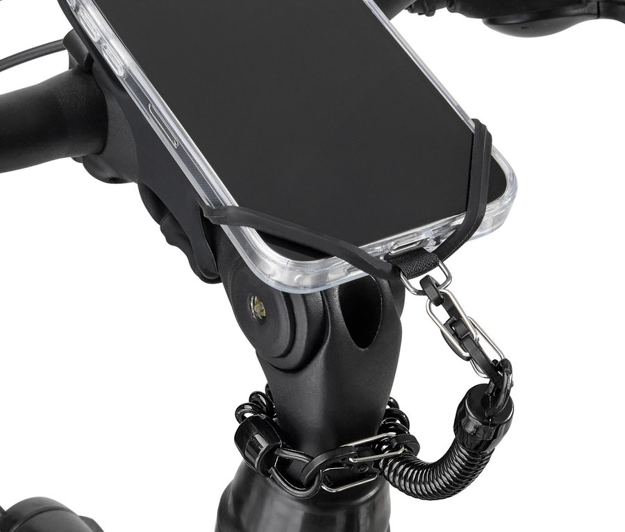 Un téléphone portable est fixé à un guidon de vélo avec une chaîne de sécurité.