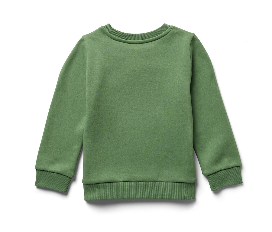 Un sweatshirt vert pour enfant avec intérieur gratté est posé sur un fond blanc.