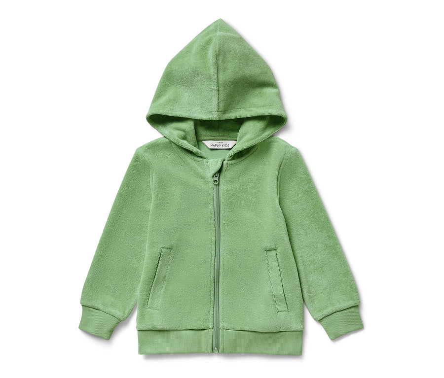 Veste éponge verte pour enfants avec fermeture éclair et capuche.