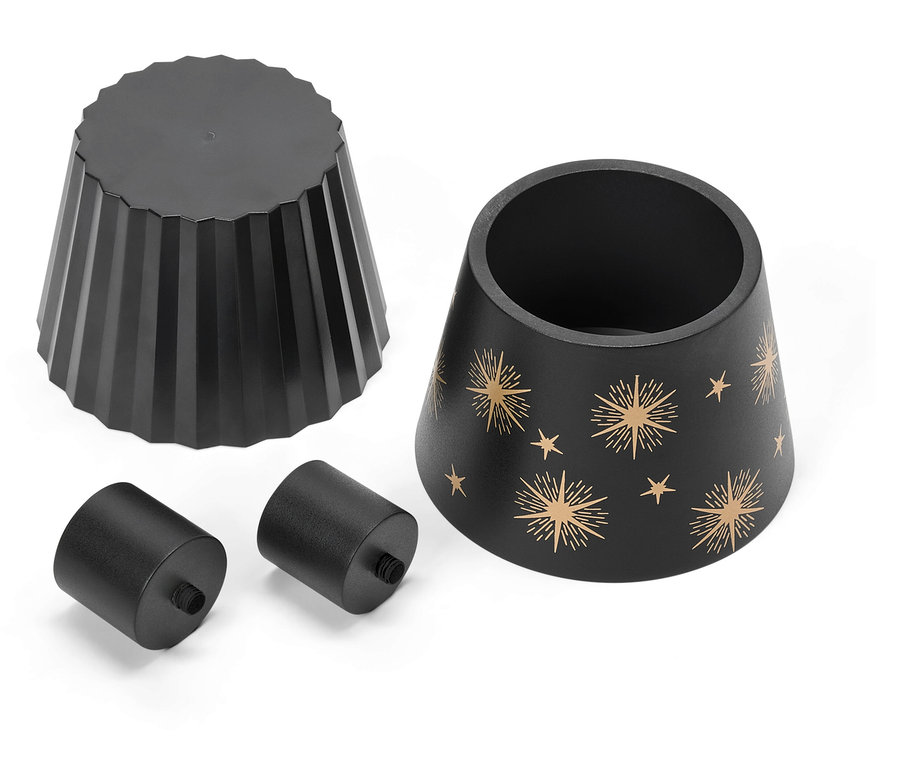 Composants de lampe de table noirs, comprenant un abat-jour, une base et deux vis, sur un fond blanc.