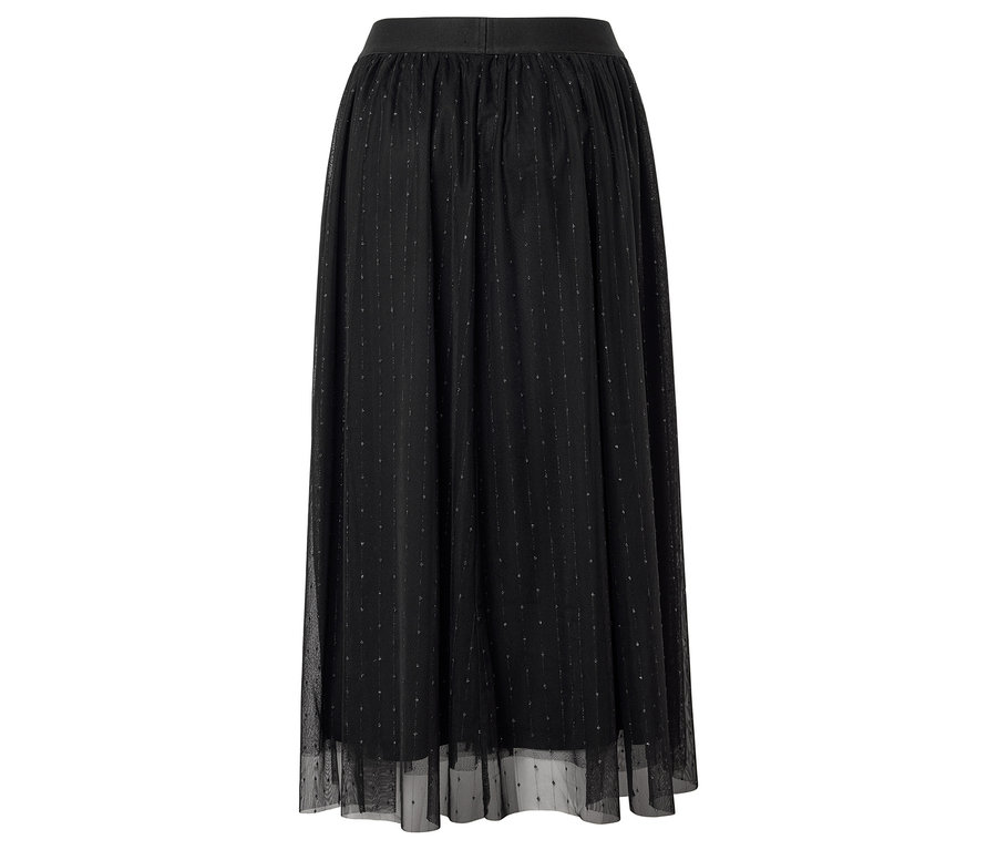 Une longue jupe noire avec une taille élastique et un motif délicat à pois.