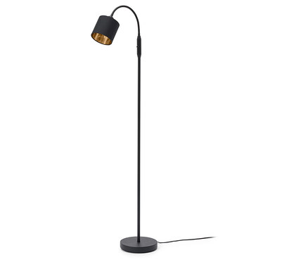 Lampadaire noir avec bras flexible et intérieur doré de l'abat-jour.