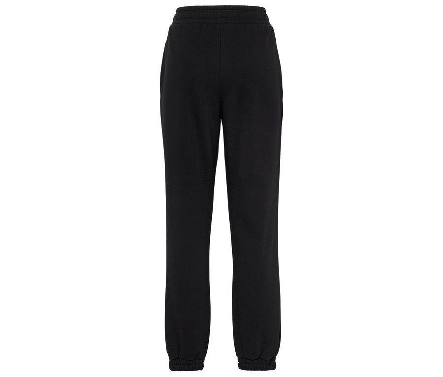 Pantalon de survêtement noir avec cordon de serrage à la taille et poignets élastiques.