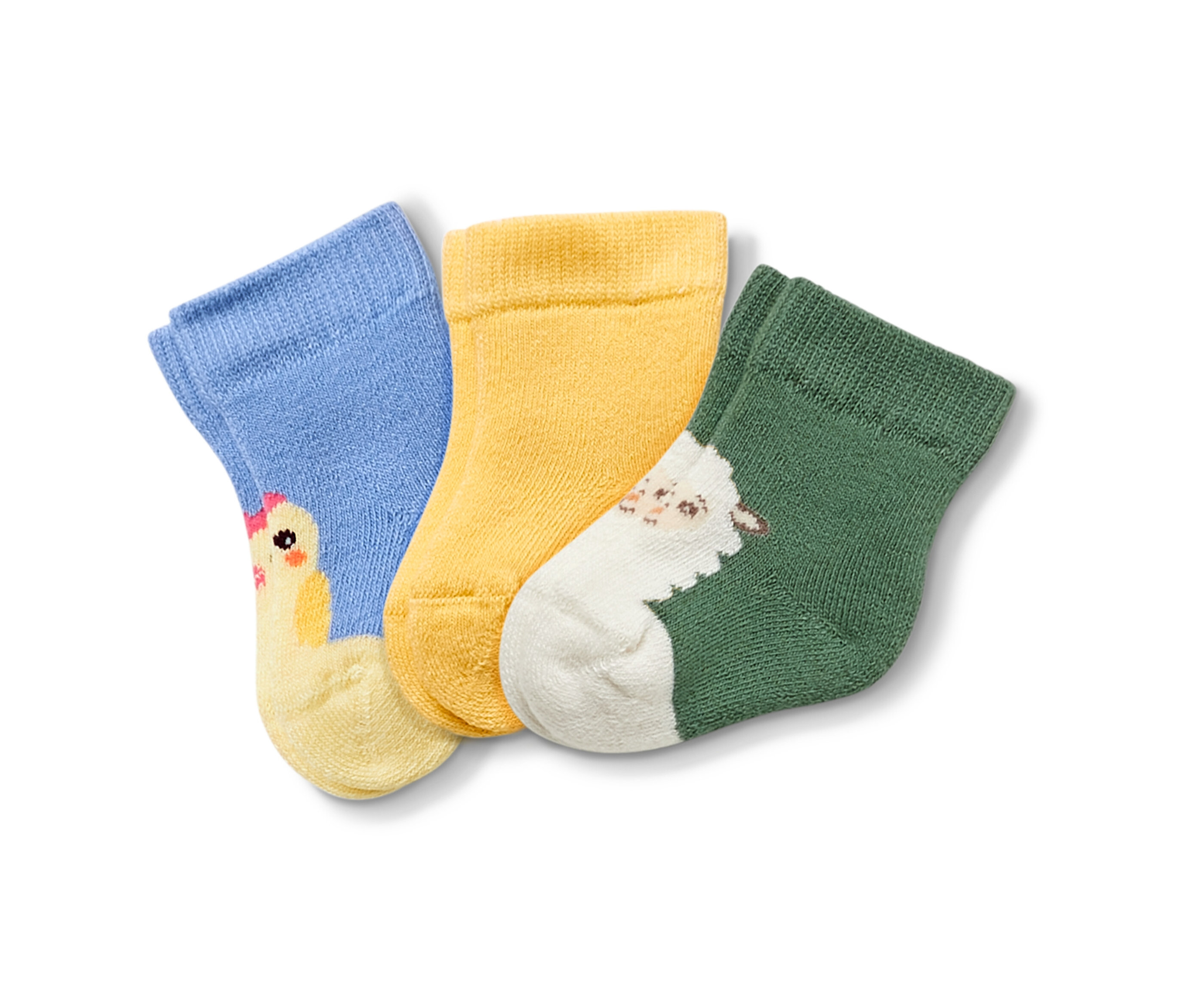 Trois paires de chaussettes en éponge pour bébé : bleues avec un poussin, jaunes et vertes avec un mouton.