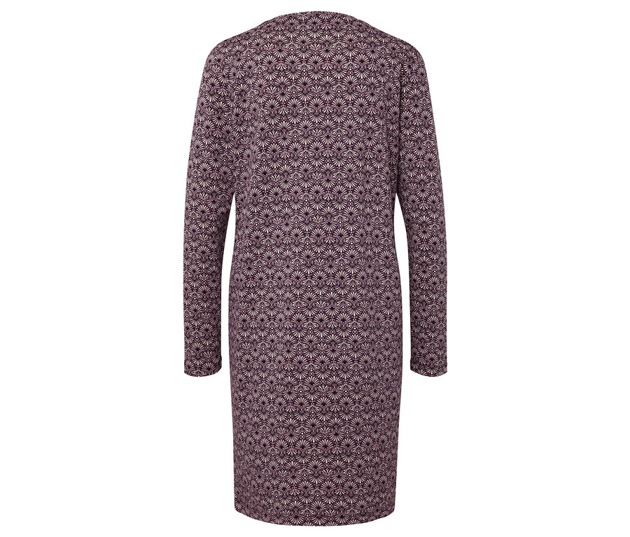 Vue arrière d'une longue robe violette à motif floral.