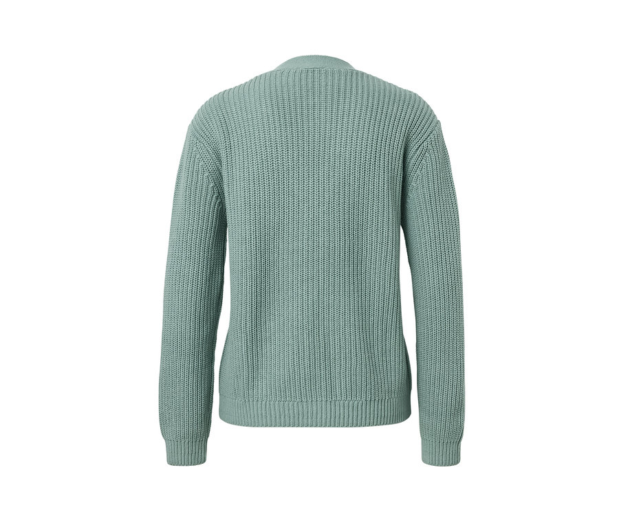 Vue arrière d'un cardigan en grosse maille sauge.