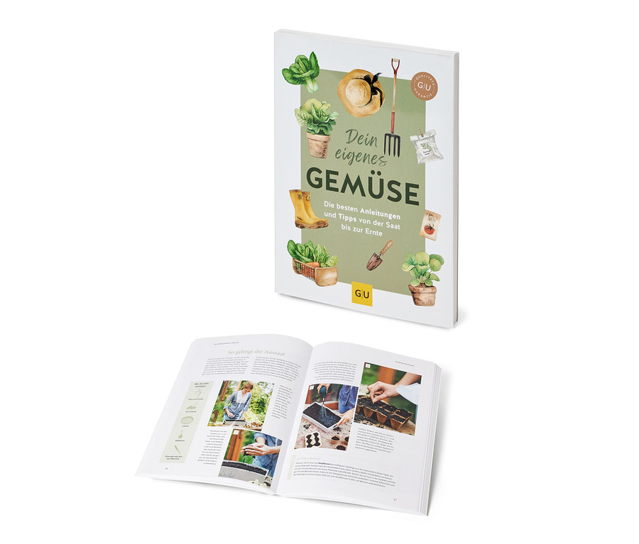 Deux exemplaires ouverts du livre « Dein eigenes Gemüse » (tes propres légumes, en allemand).