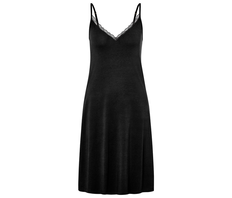 Nuisette noire avec dentelle à l'encolure et fines bretelles.