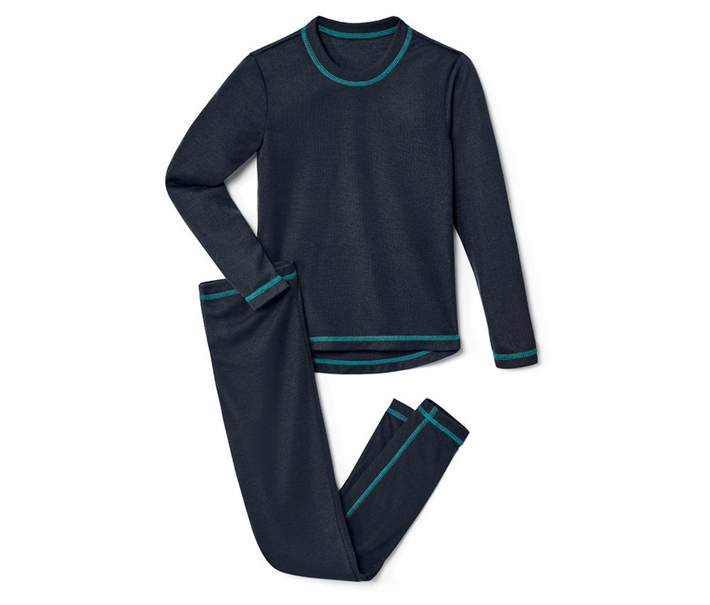 Ensemble de sous-vêtements de ski et d’hiver pour enfant bleu foncé avec des bordures turquoise.