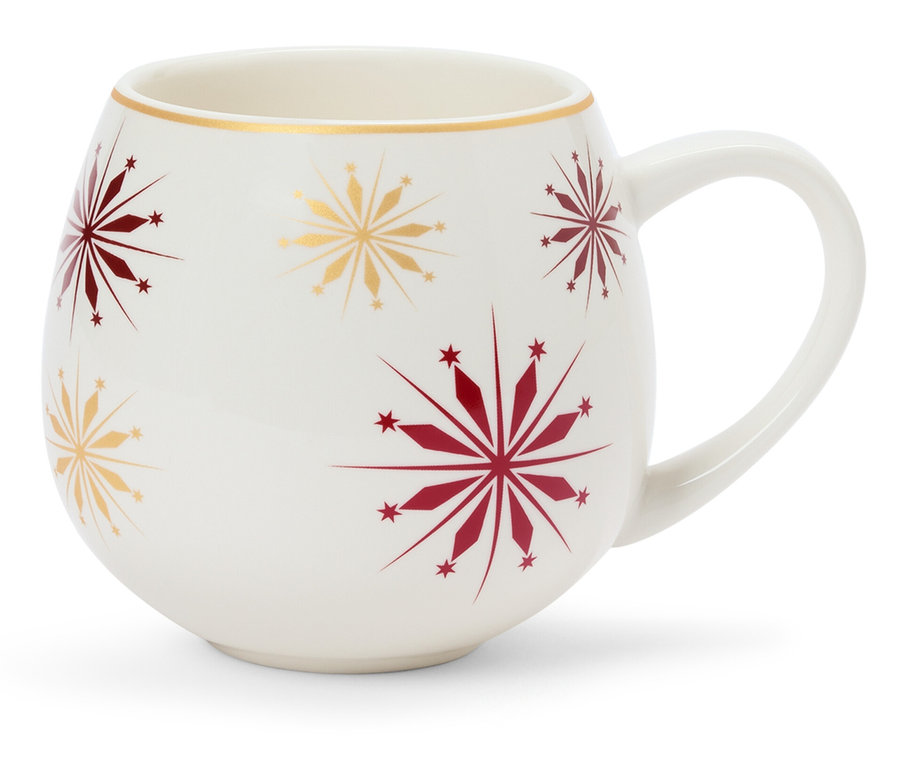 Tasse blanche avec des flocons de neige rouges et dorés.