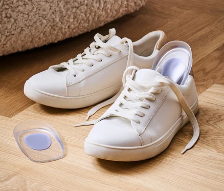 Deux baskets blanches avec des lacets blancs sur un plancher en bois avec une semelle en gel.