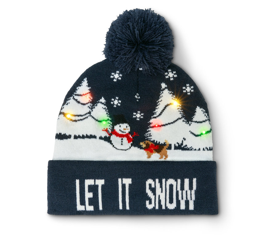 Bonnet avec l'inscription LET IT SNOW, un bonhomme de neige, un chien et des arbres de Noël avec des lumières.