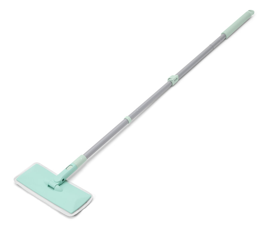 Serpillère avec manche télescopique et tête de nettoyage bleu clair sur fond blanc.