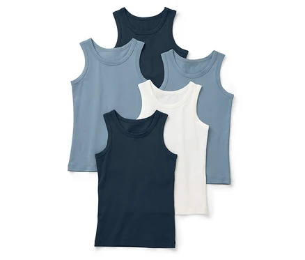 Six débardeurs en bleu, bleu foncé et blanc sont posés sur un fond blanc.