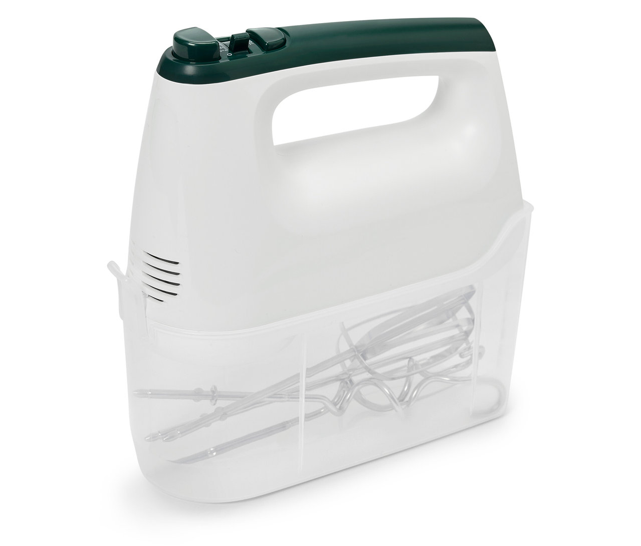 Un batteur électrique blanc avec une poignée vert foncé et un compartiment de rangement transparent pour les fouets.