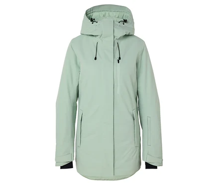 Veste de ski vert clair avec capuche, poches et fermeture éclair.