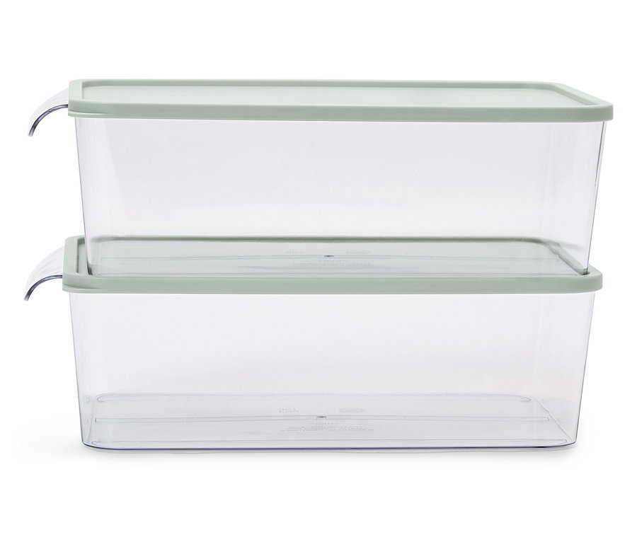 Deux boîtes en plastique transparentes avec des couvercles vert clair empilées l'une sur l'autre.