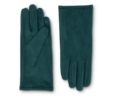 Une paire de gants en velours synthétique pétrole est posée côte à côte.