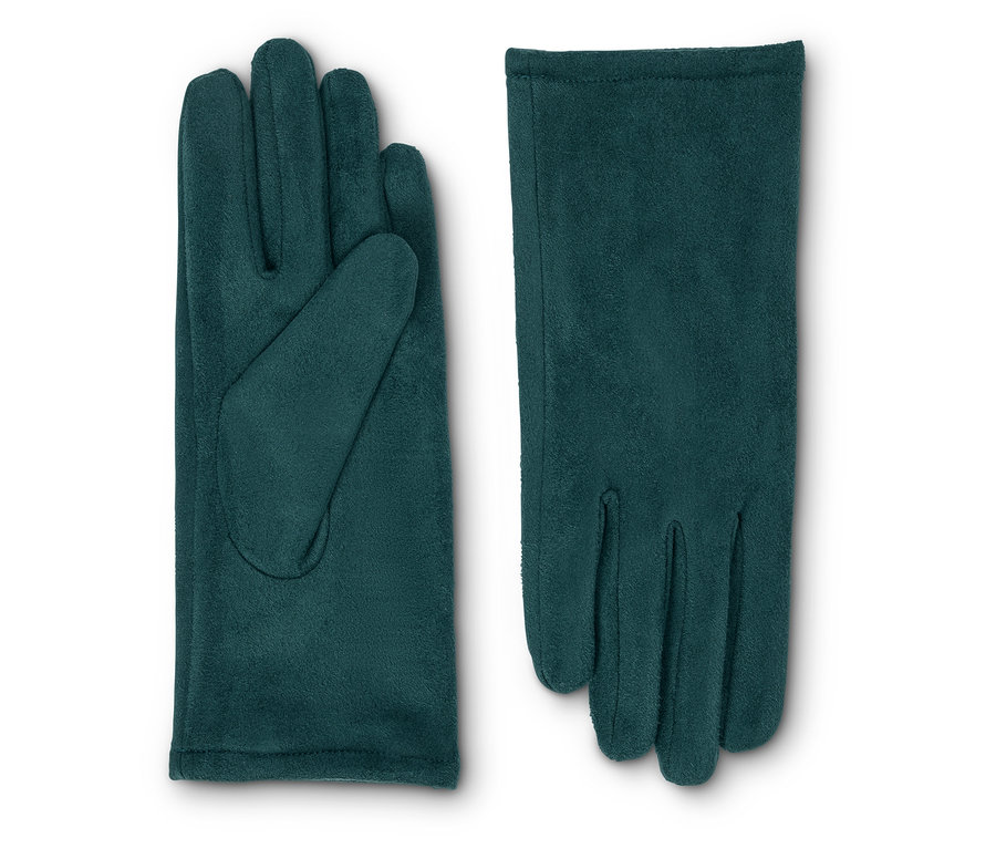 Une paire de gants en velours synthétique pétrole est posée côte à côte.