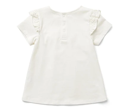 T-shirt blanc pour enfant à manches courtes et à volants.