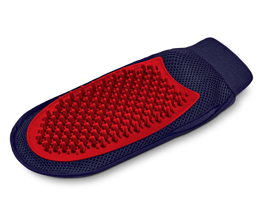 Brosse de toilettage bleue avec des picots rouges.