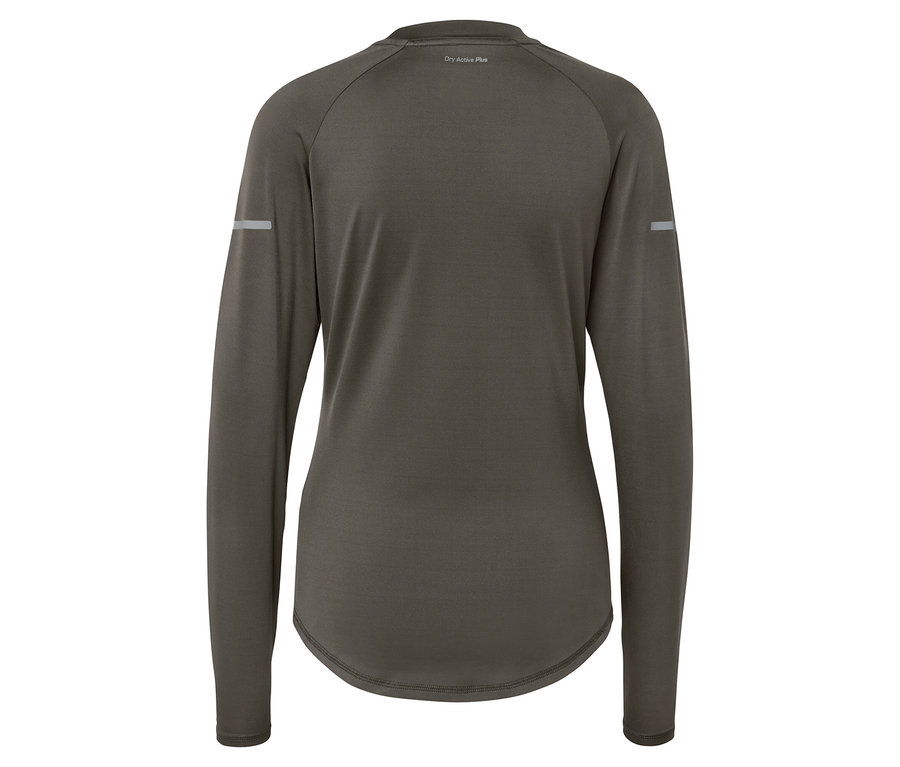 Vue arrière d'un t-shirt à manches longues vert olive avec des bandes réfléchissantes sur les manches.