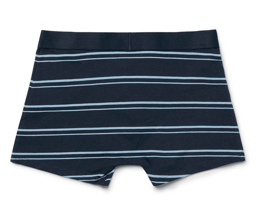 Boxer pour homme avec rayures horizontales bleu foncé et bleu clair sur fond blanc.