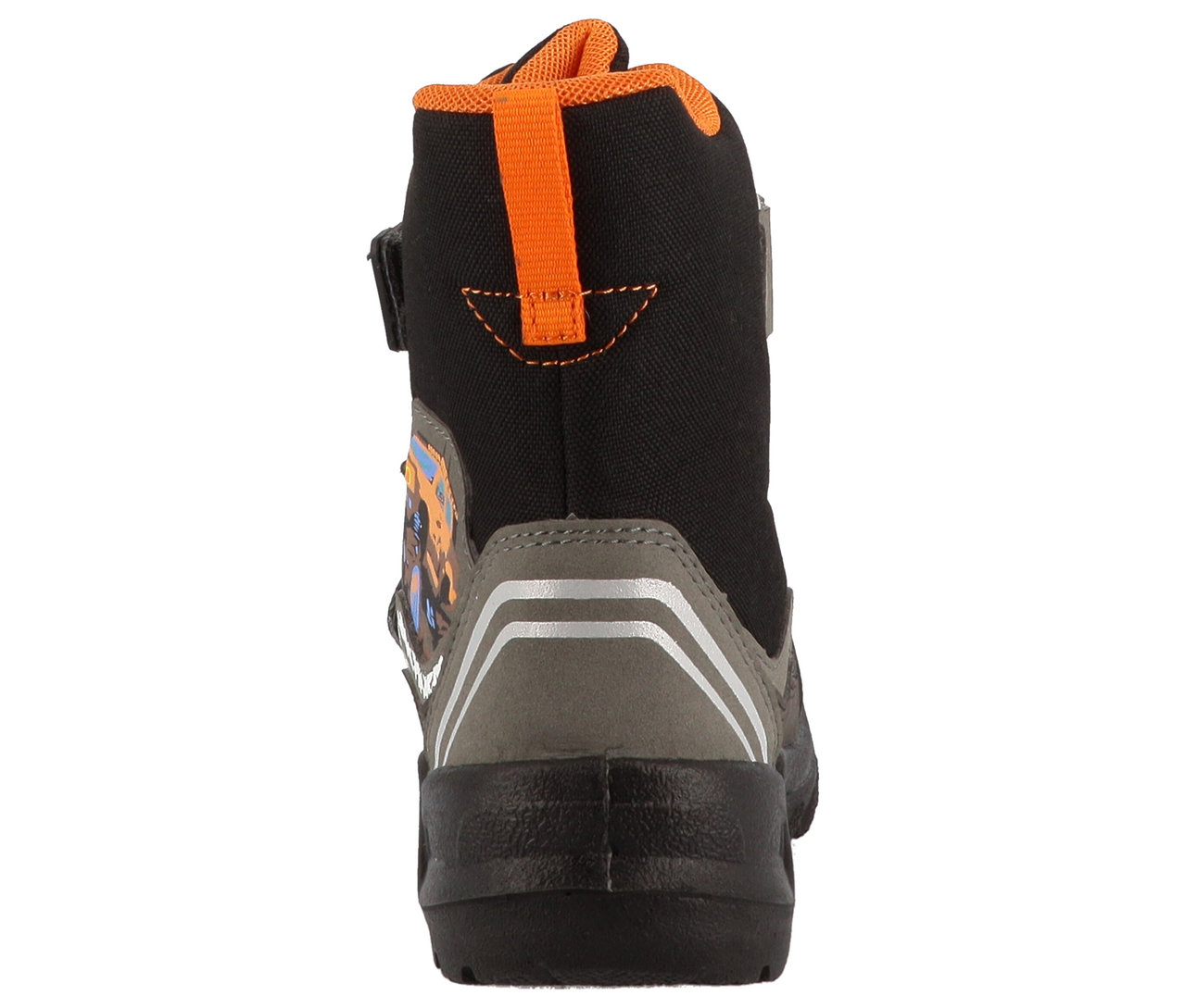 Vue arrière d'une bottine LURCHI »Kojo-SYMPATEX« en noir-gris avec des détails orange.