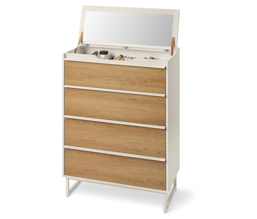 Vue d'une commode avec quatre tiroirs, un miroir ouvert et des cosmétiques.