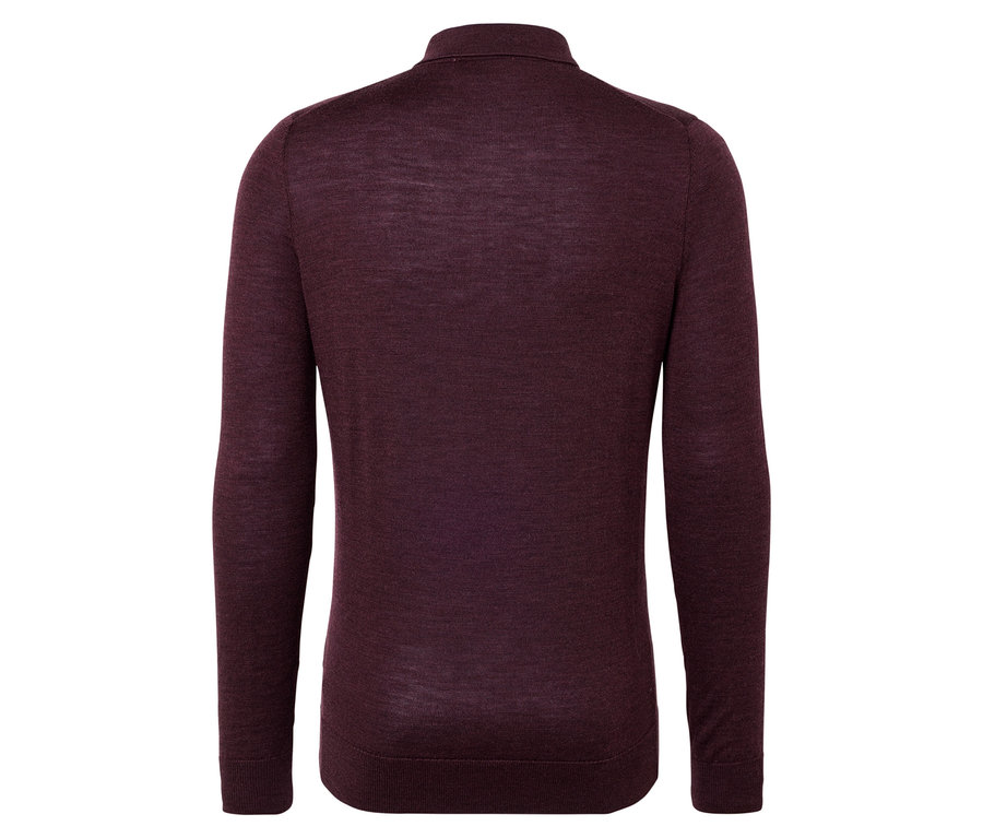 Vue arrière d'un pull à manches longues bordeaux avec col.