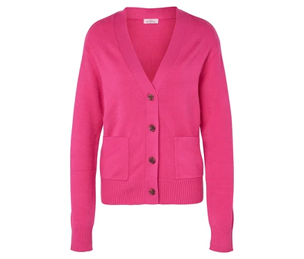 Cardigan rose avec col en V, boutons et poches.