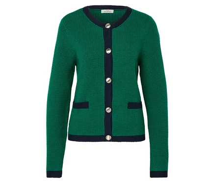 Cardigan en maille structurée vert avec des détails bleu marine et des boutons argentés.