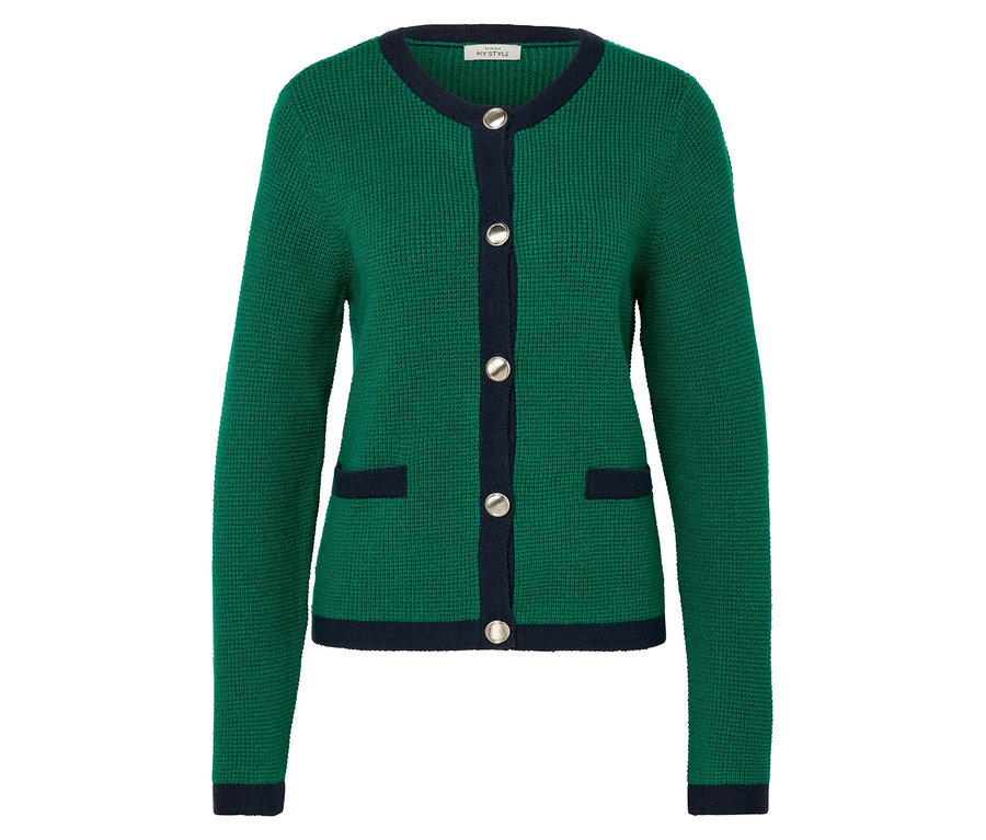 Cardigan en maille structurée vert avec des détails bleu marine et des boutons argentés.