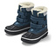 Deux bottes de neige bleues pour enfants avec une semelle en caoutchouc noir et une ligne blanche.