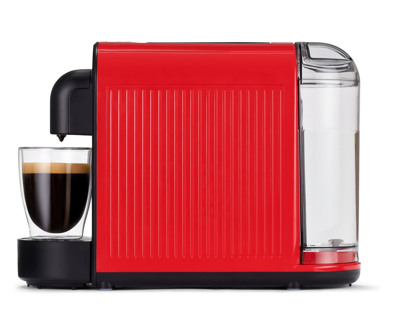 Une machine à café rouge Cafissimo now red avec une tasse de café sur fond blanc.