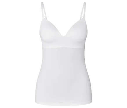 Haut avec bustier blanc à fines bretelles, col en V et soutien-gorge intégré.